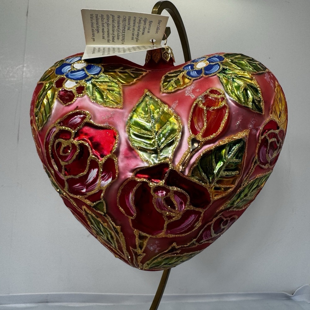 New NWT Vintage Christopher Radko Large 5" Pink Heart Roses Ornament Mouth Blown